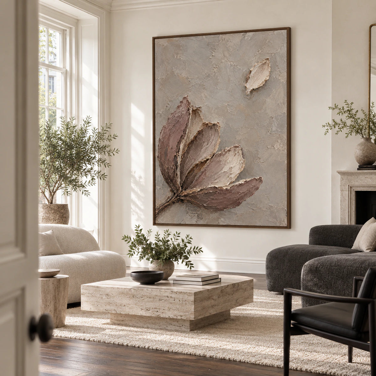 Large vertical botanical painting above a sculptural sofa in a bright contemporary living room.