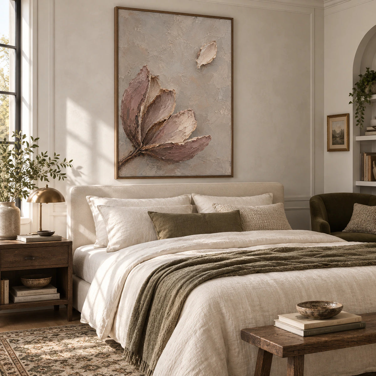 Vertical impasto botanical painting above a quiet bed in a softly lit bedroom.