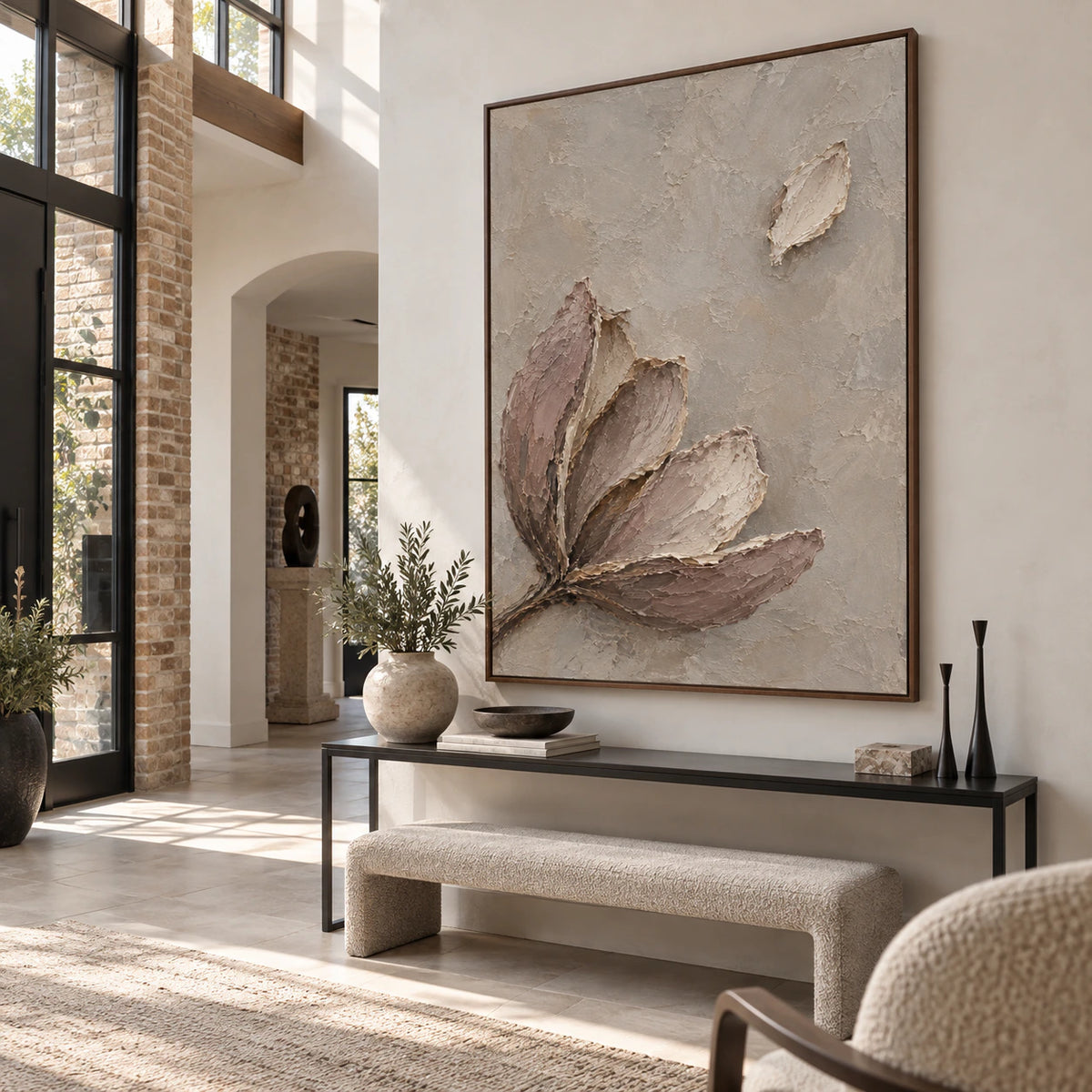Gallery-scale vertical botanical painting in a bright stone-clad foyer.