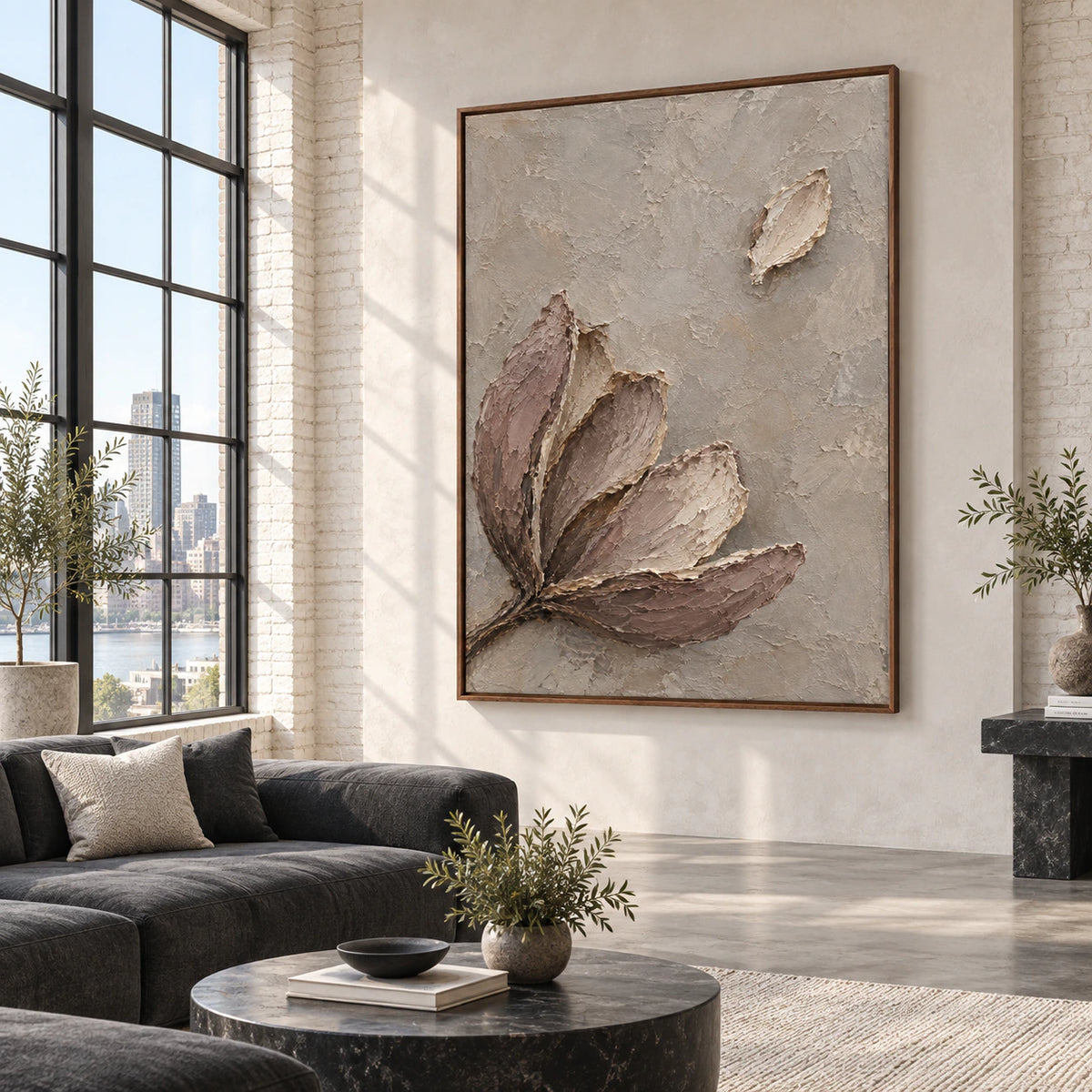 Oversized textured botanical painting anchoring an expansive daylight-filled loft interior.