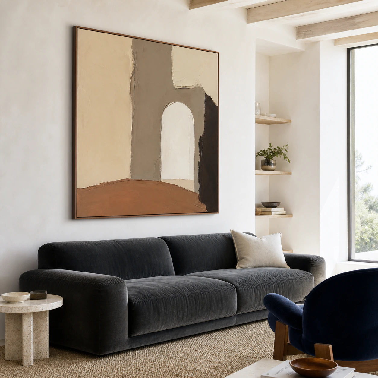 Earthen-Portal as a large focal artwork in a bright contemporary living room.
