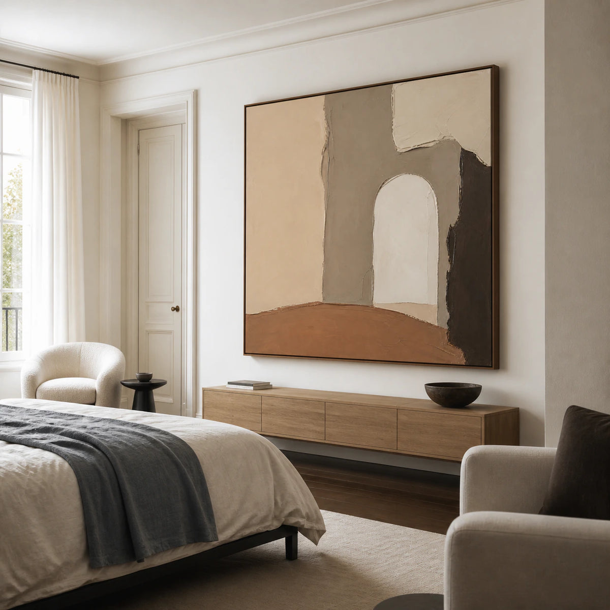 Earthen-Portal as a large tactile focal point in a quiet neutral bedroom.
