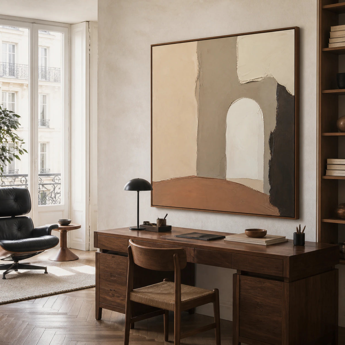 Earthen-Portal featured prominently in an airy home office reading space.