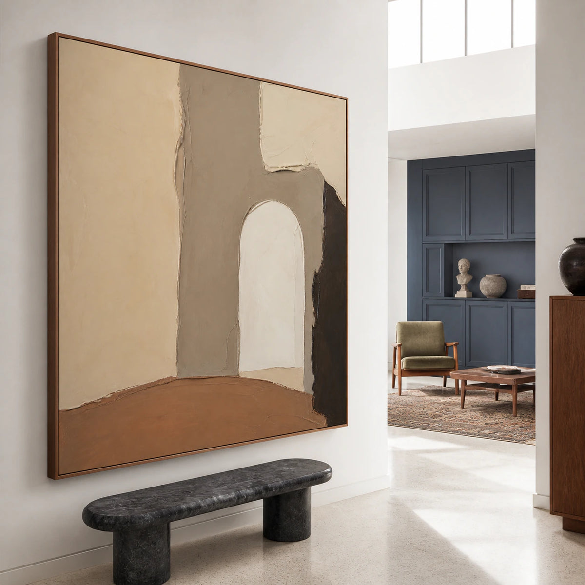 Earthen-Portal installed at gallery scale in a sunlit architectural foyer.