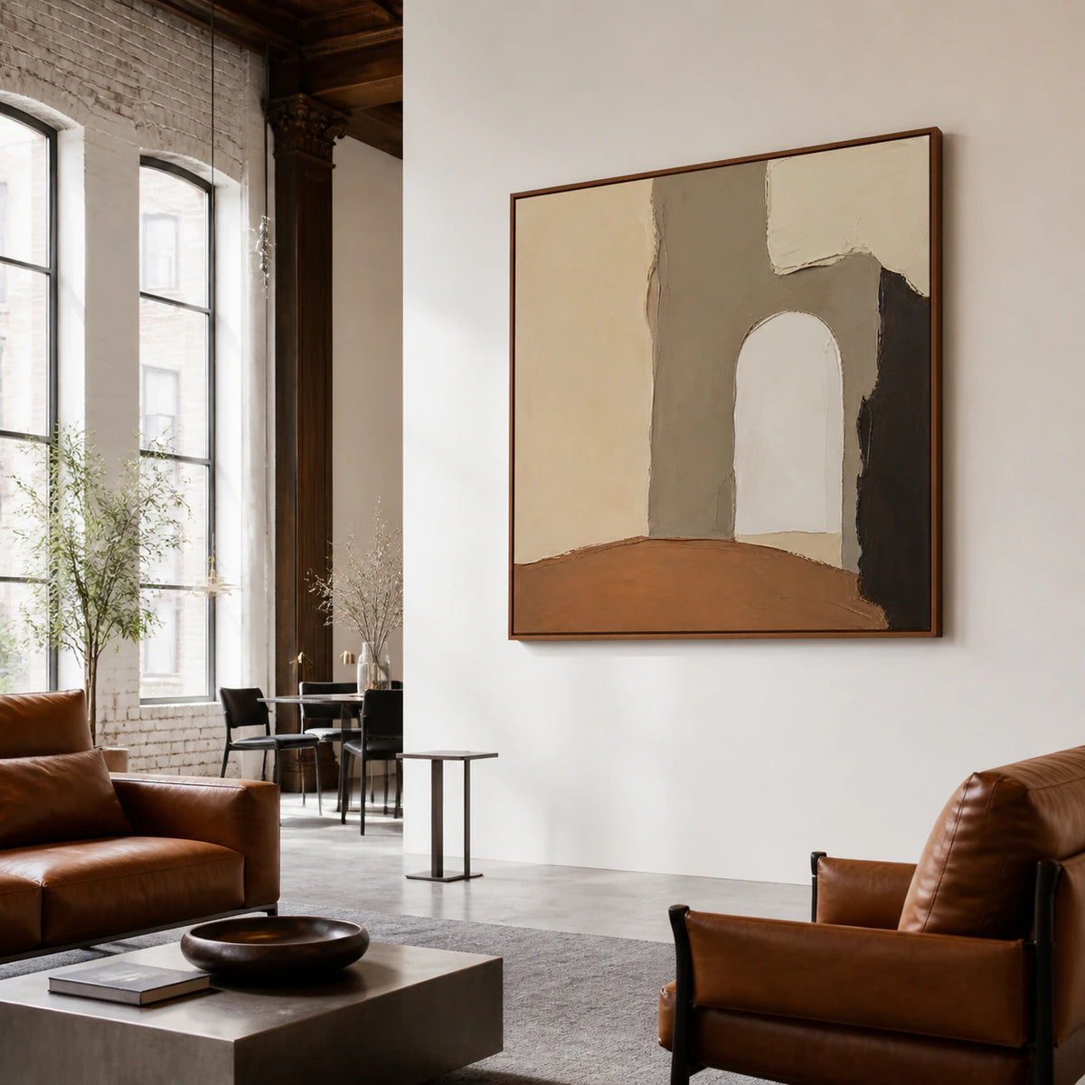 Earthen-Portal shown as a large statement artwork in an open loft hospitality interior.