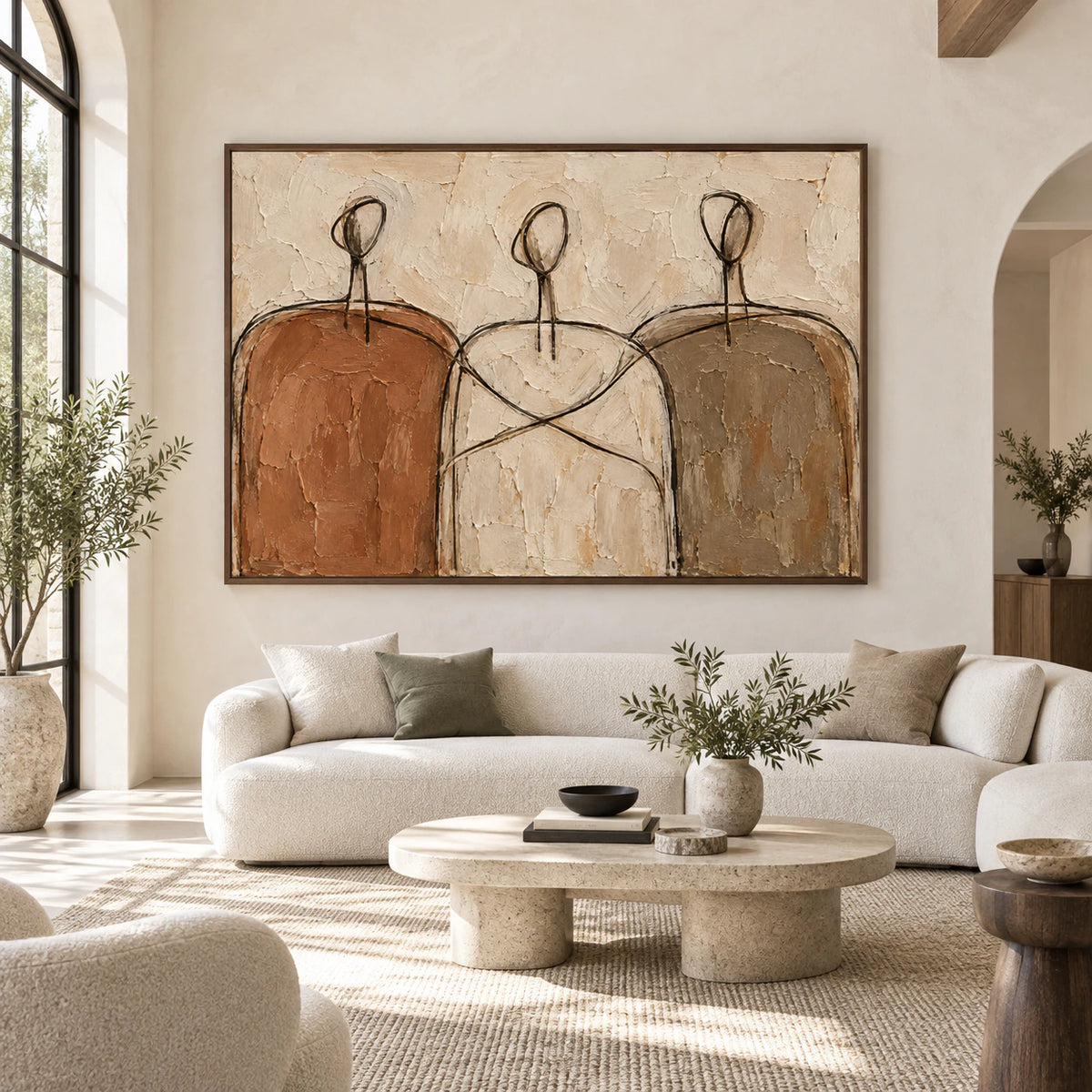 Earthen-Procession displayed large and straight-on in a bright architectural living space.