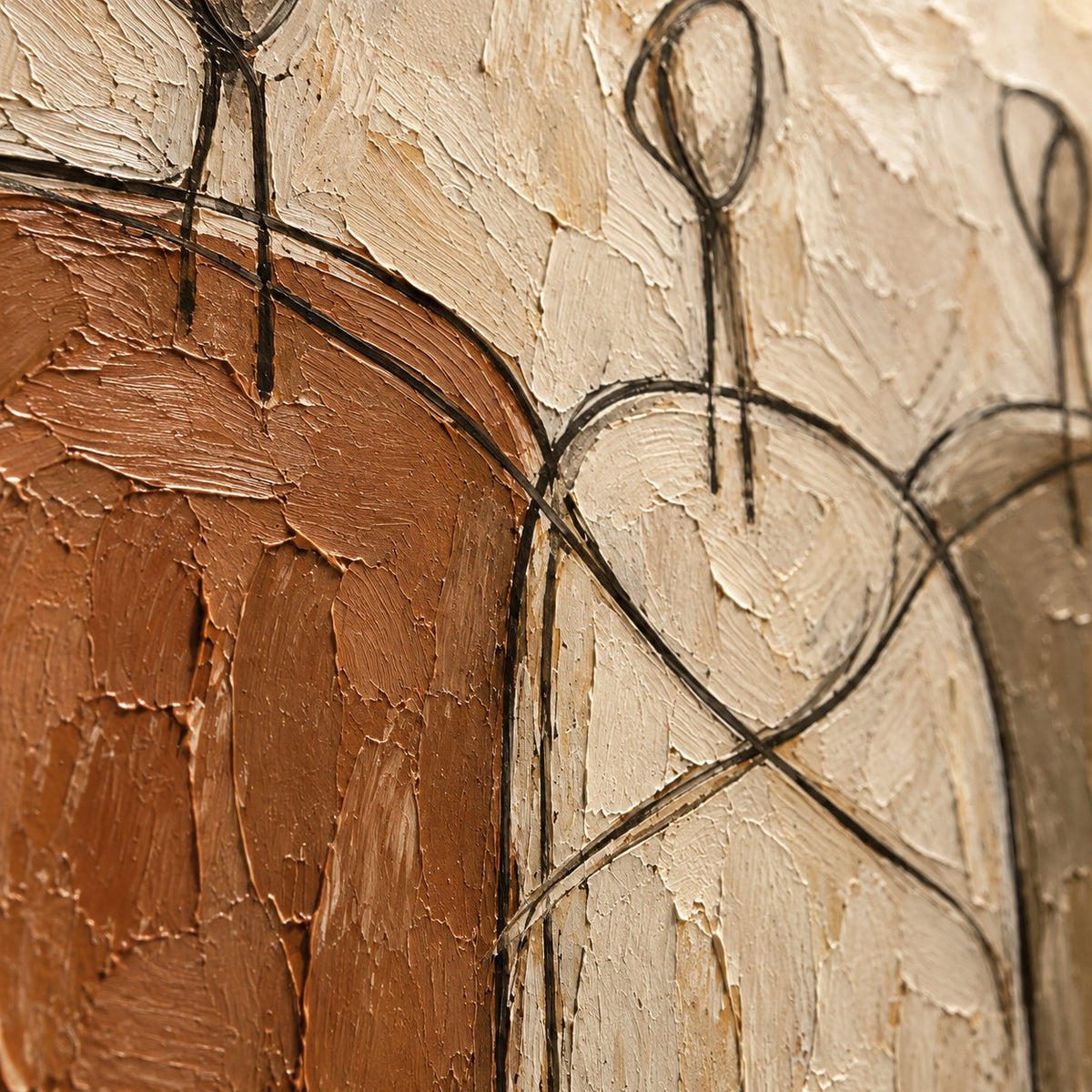Earthen-Procession oil painting brushwork and impasto detail photographed from an oblique side angle