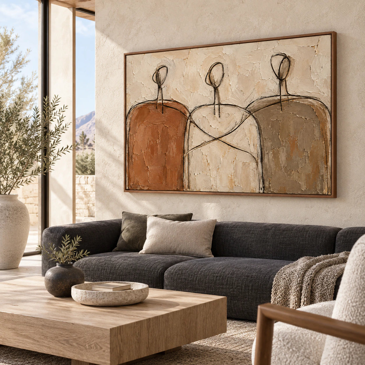 Earthen-Procession as the focal artwork in a bright contemporary living room.