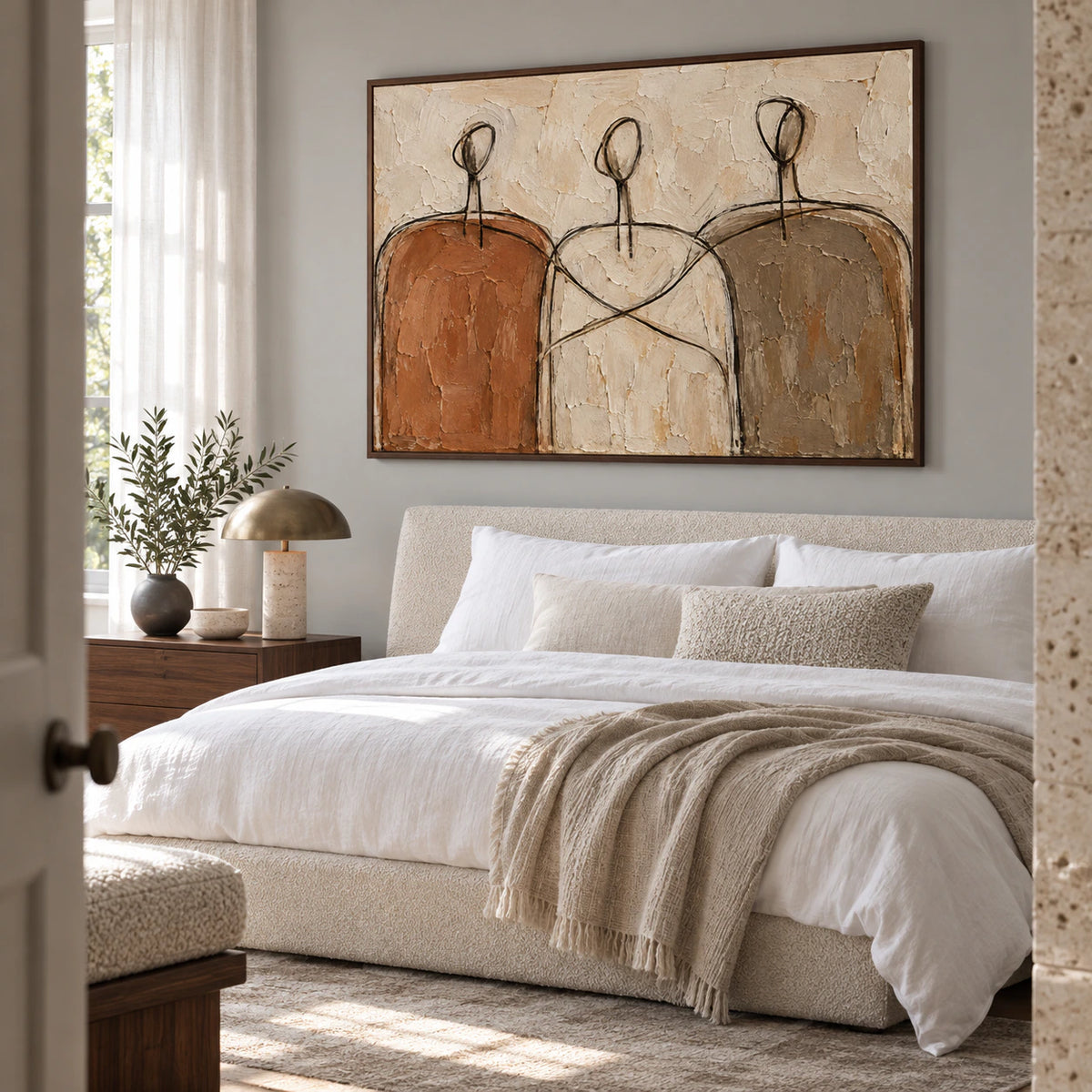 Earthen-Procession bringing textured warmth to a quiet, light-filled bedroom.