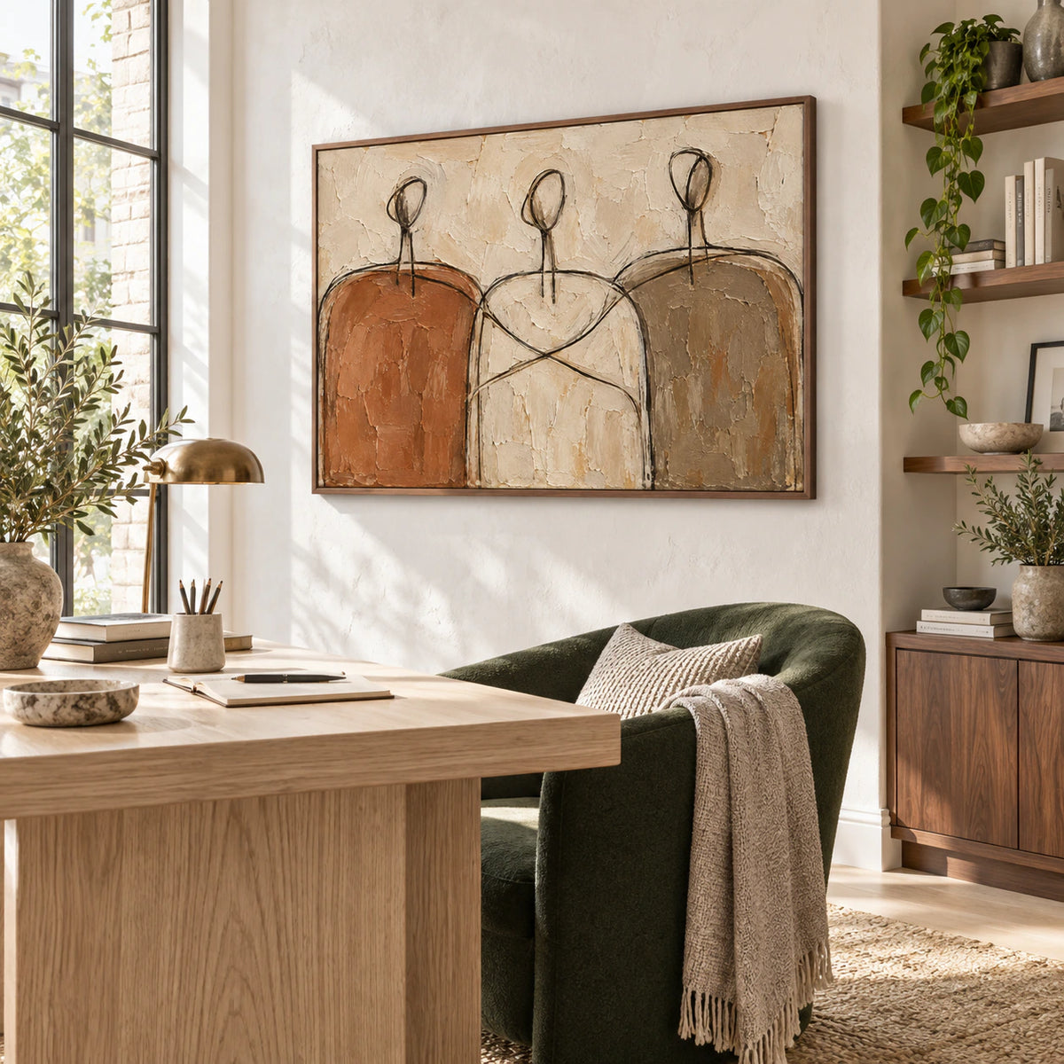 Earthen-Procession featured in an airy home office reading space.