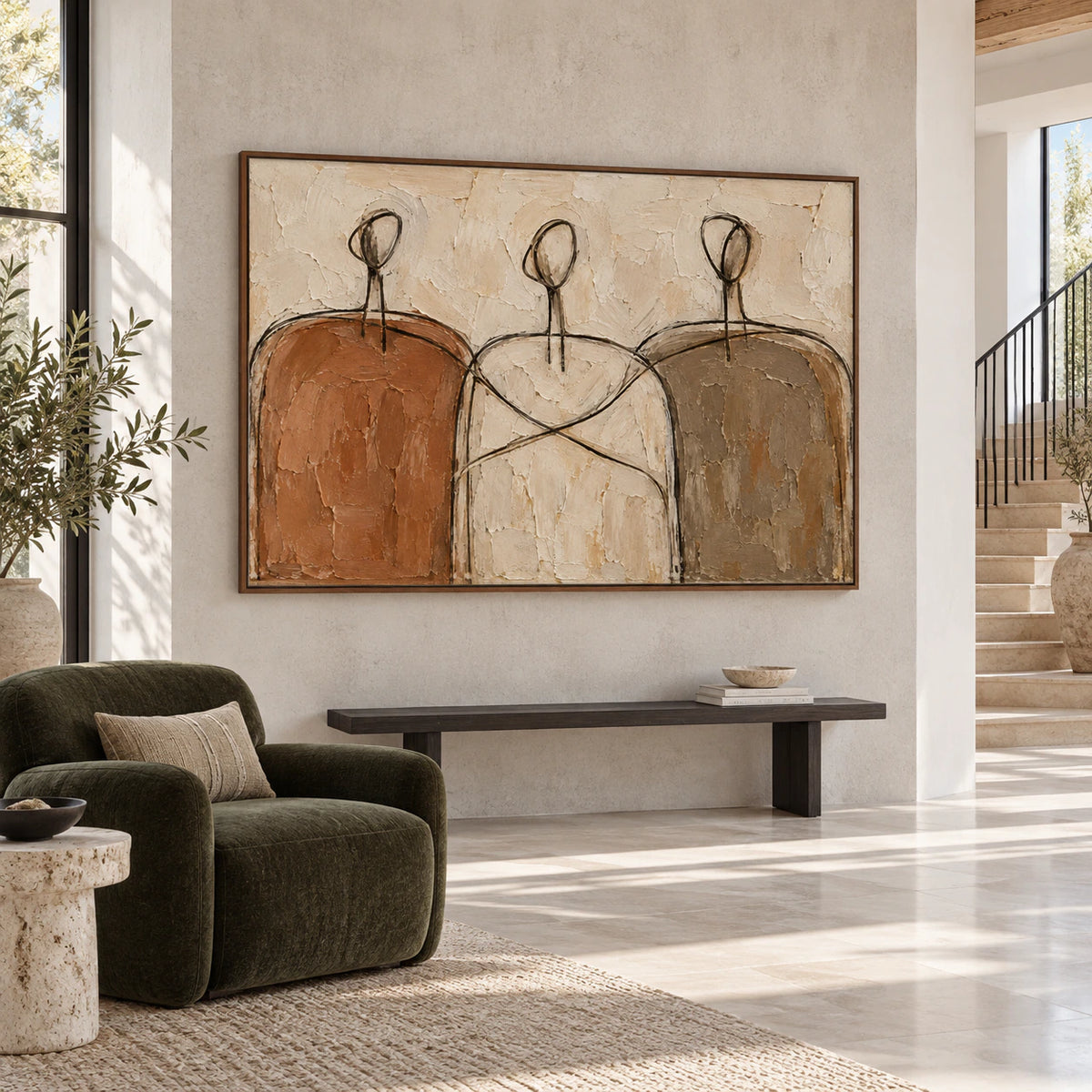 Earthen-Procession presented at gallery scale in a luminous foyer.