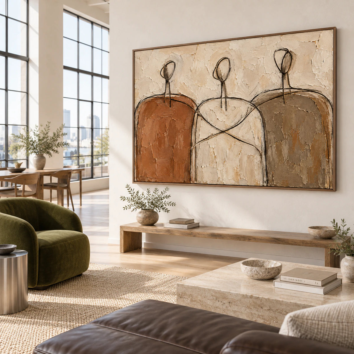 Earthen-Procession as a large focal work in an expansive loft interior.