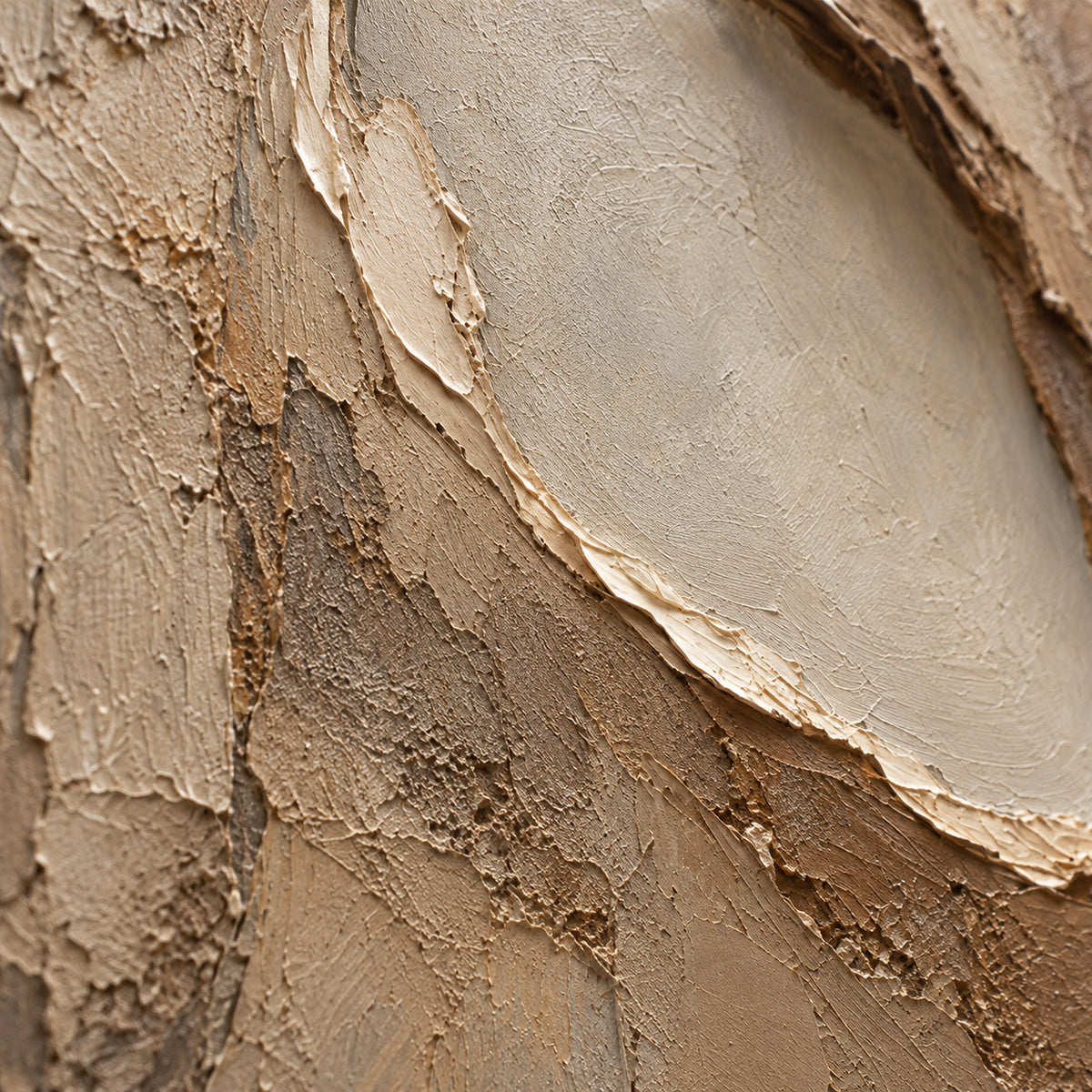 Earthen-Recess oil painting brushwork and impasto detail photographed from an oblique side angle