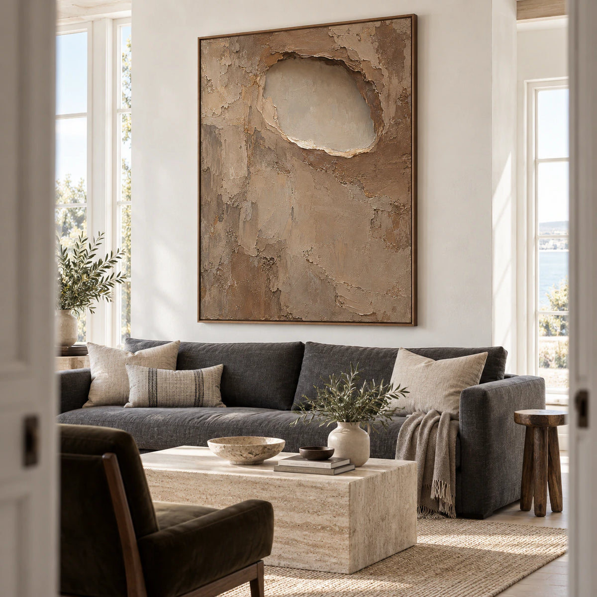Earthen-Recess above a restrained sofa in a bright living room.