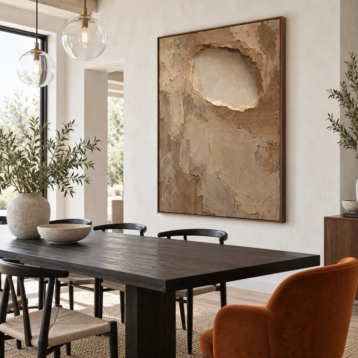 Earthen-Recess as the focal artwork in a refined daylight dining room.