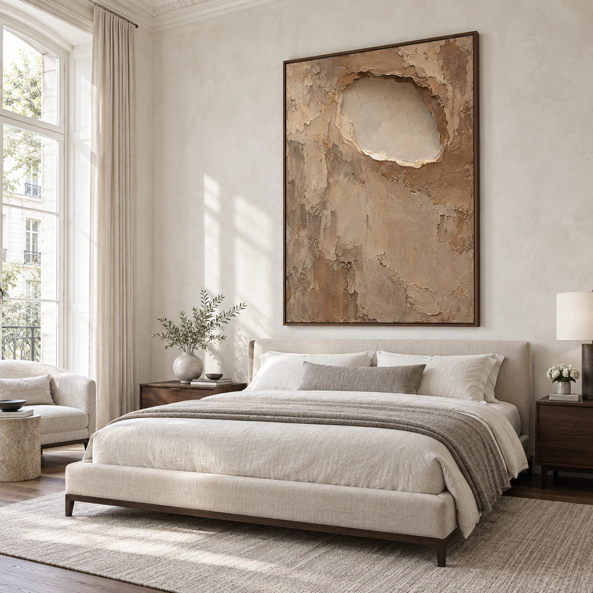Earthen-Recess above a low bed in a quiet, light-filled bedroom.