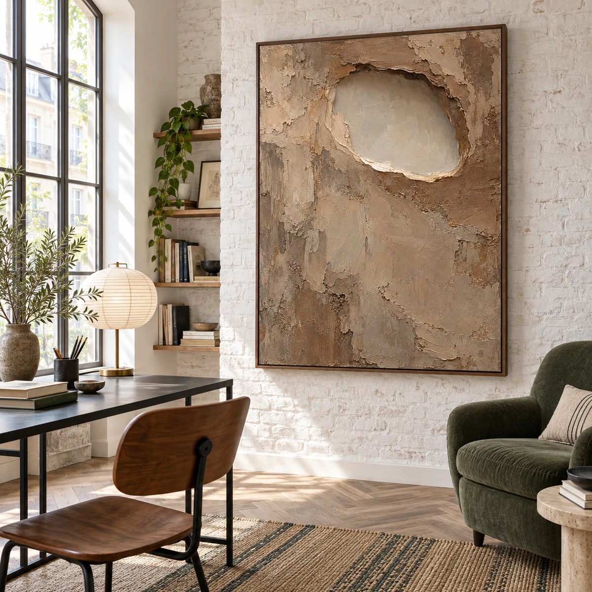 Earthen-Recess in an airy reading and home office space.