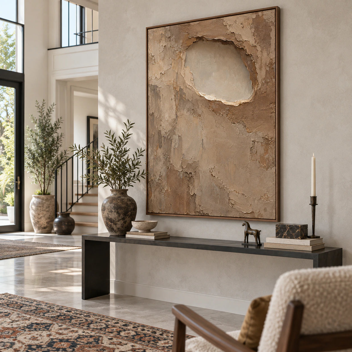 Earthen-Recess presented at gallery scale in a bright foyer.