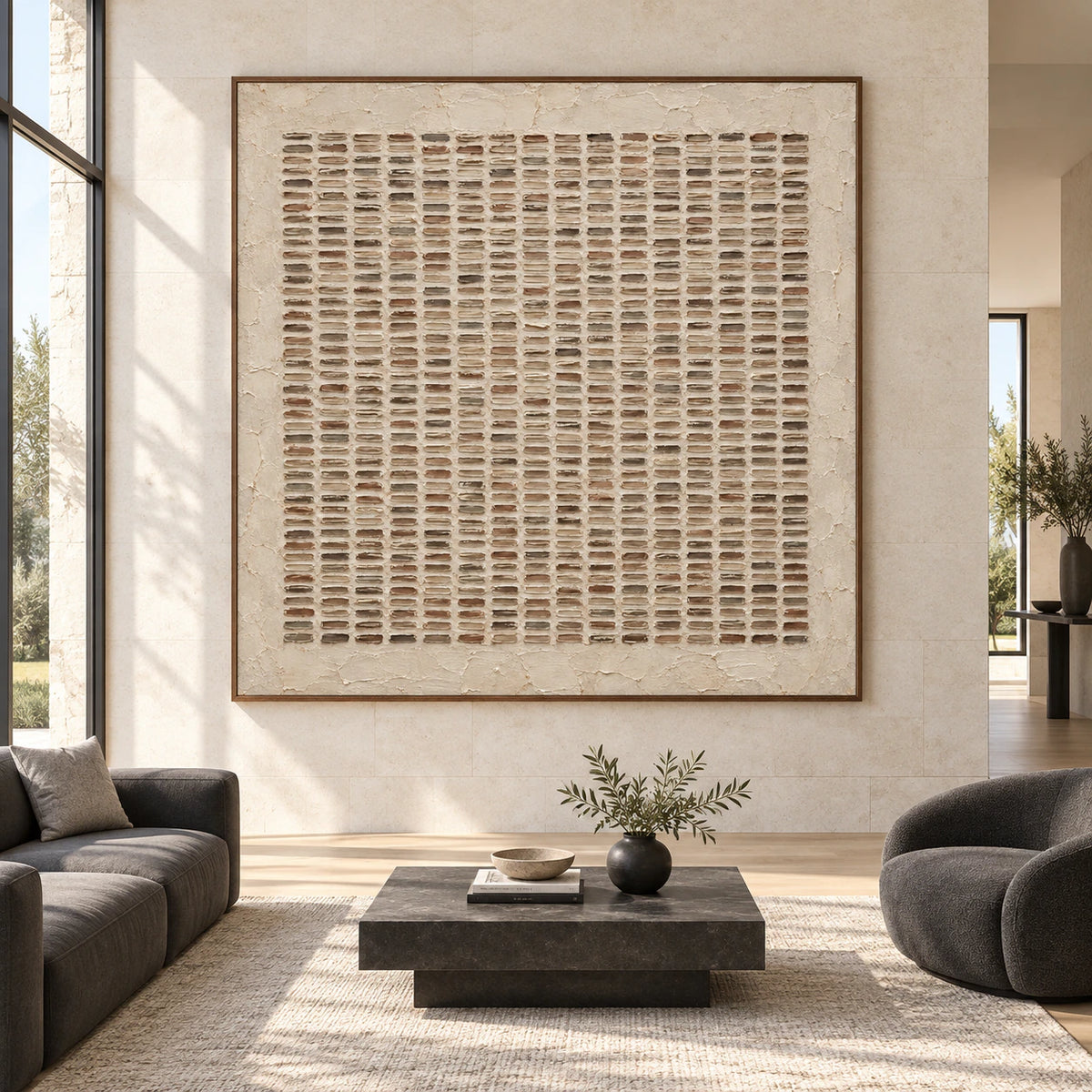 Large square Earthen-Register textured abstract painting displayed straight-on in a spacious sunlit interior.