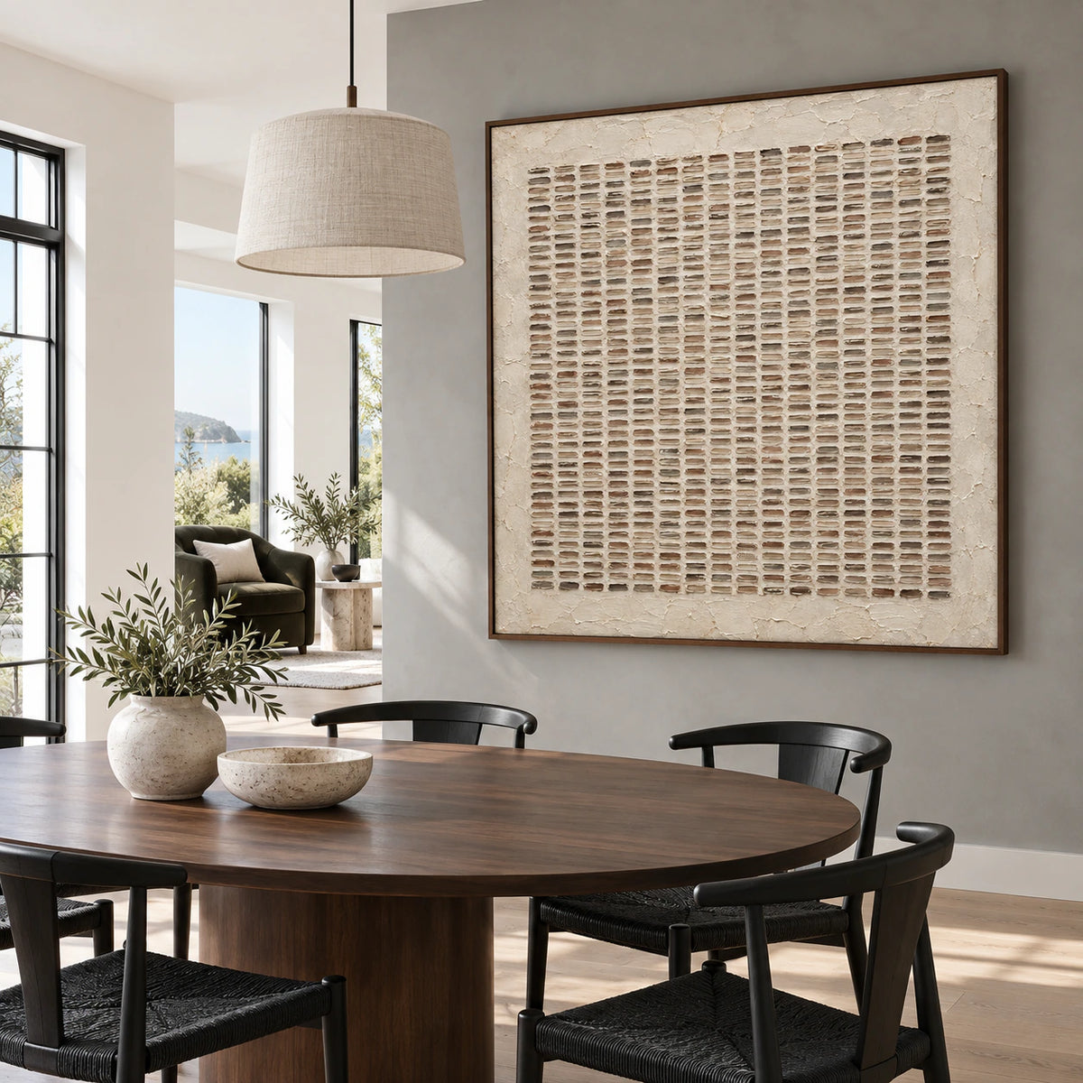 Earthen-Register square textured abstract painting in a refined daylight dining room.