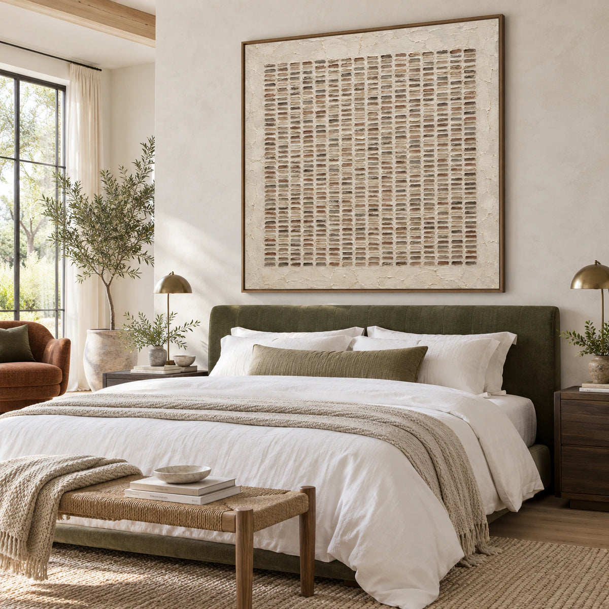 Earthen-Register square textured abstract painting in a quiet, light-filled bedroom.
