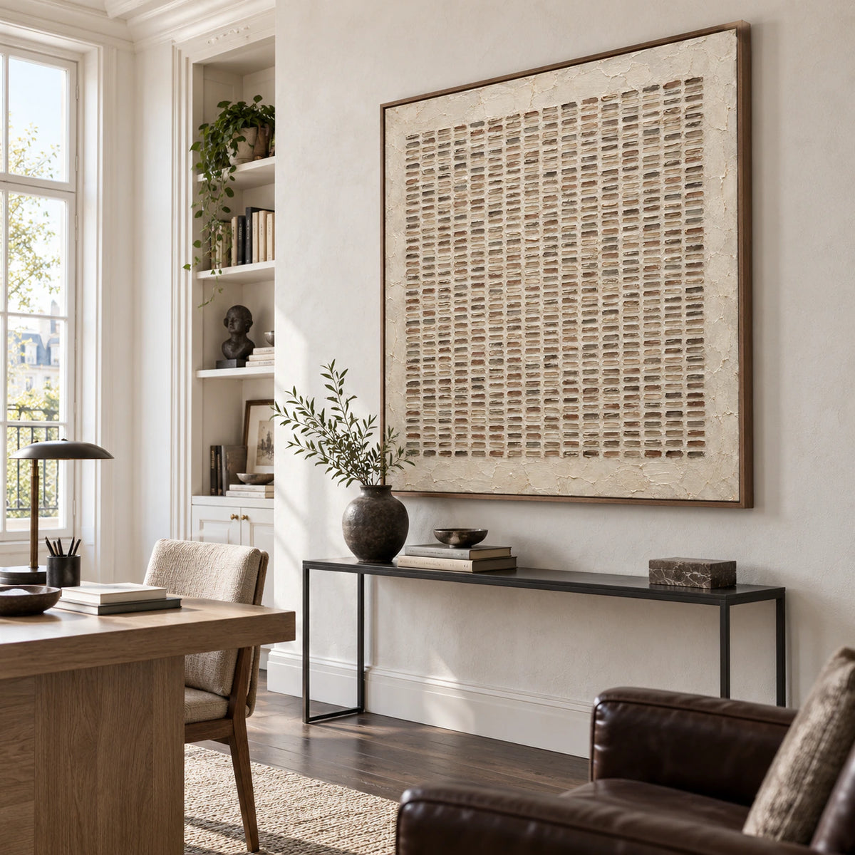 Earthen-Register square textured abstract painting in an airy home office reading space.