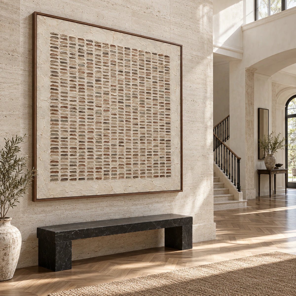 Earthen-Register square textured abstract painting at gallery scale in a bright foyer.