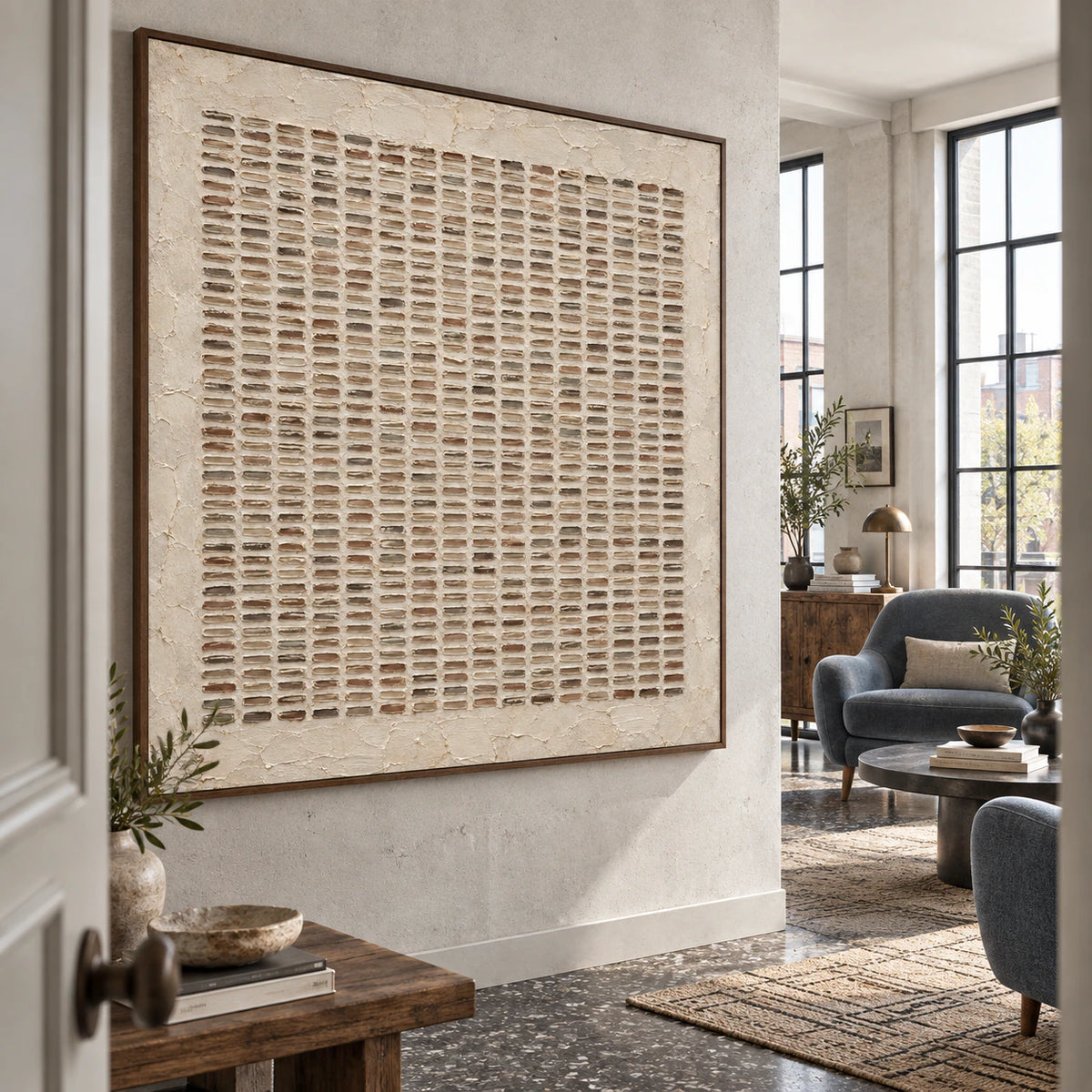 Earthen-Register square textured abstract painting in an expansive daylight loft interior.