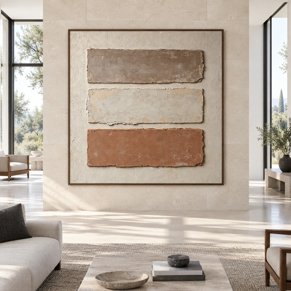 Earthen-Registers displayed at large scale in a bright, spacious interior.