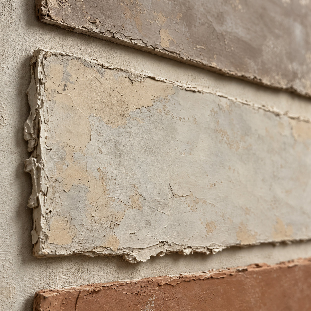 Earthen-Registers oil painting brushwork and impasto detail photographed from an oblique side angle
