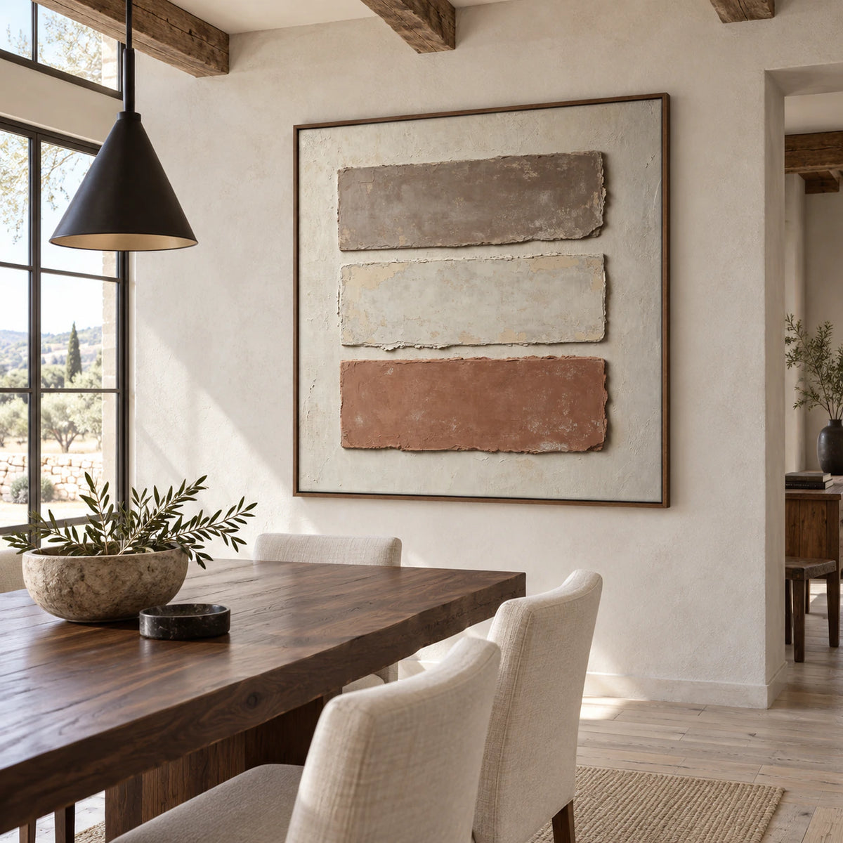 Earthen-Registers featured in a refined daylight dining room.