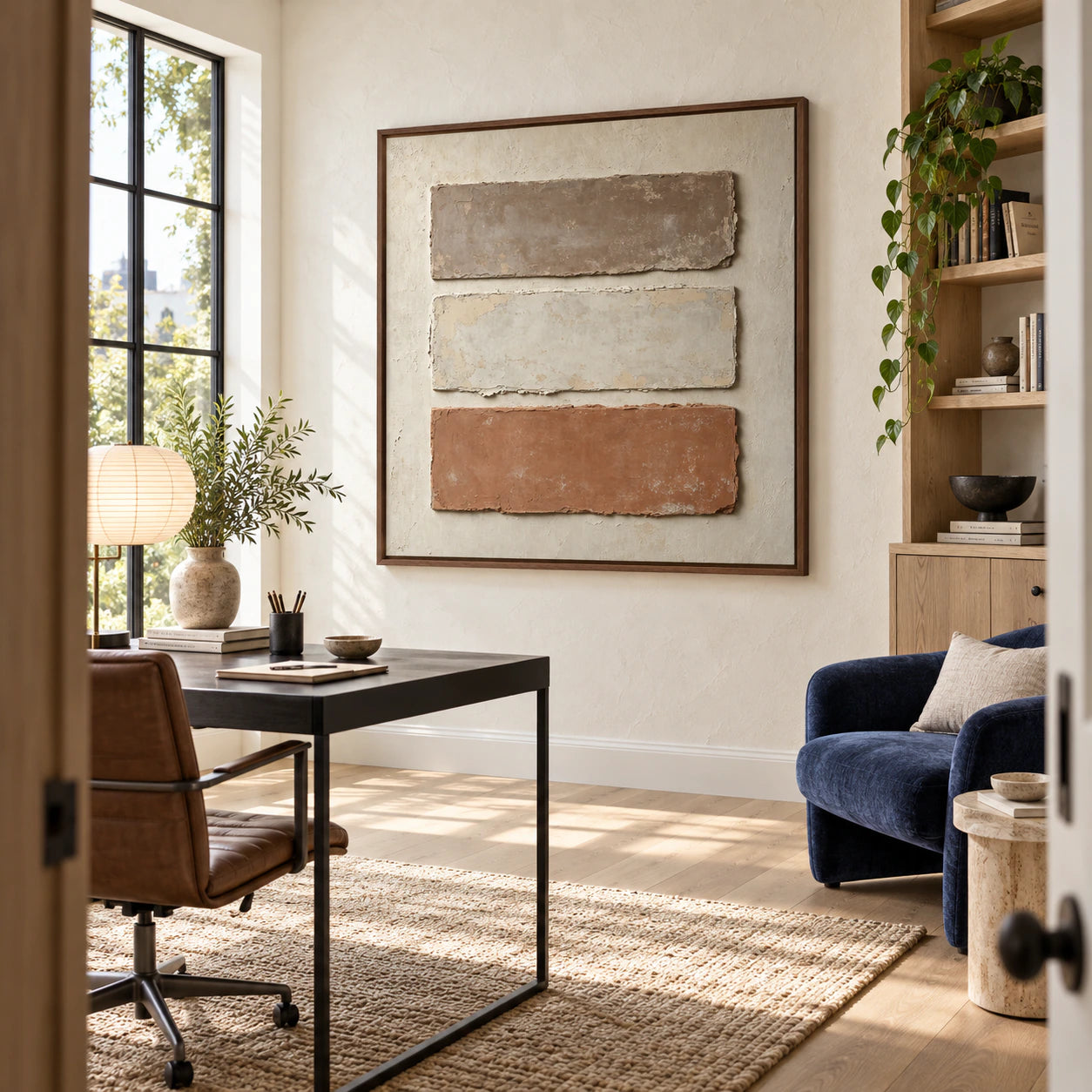 Earthen-Registers in an airy home office reading space.