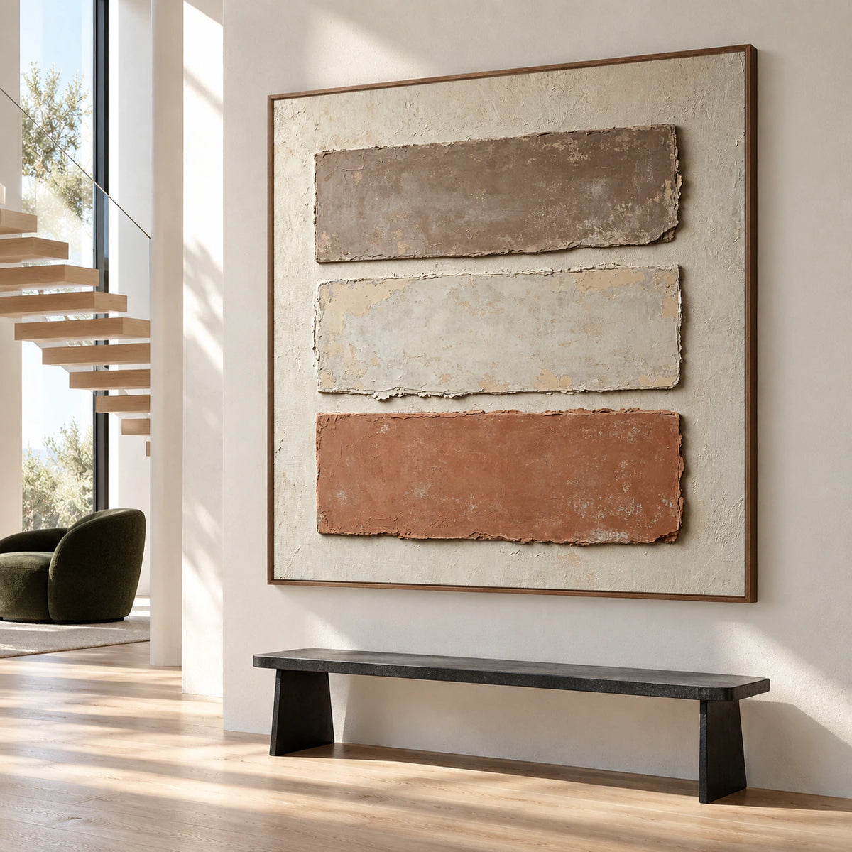 Earthen-Registers presented at gallery scale in a light-filled foyer.