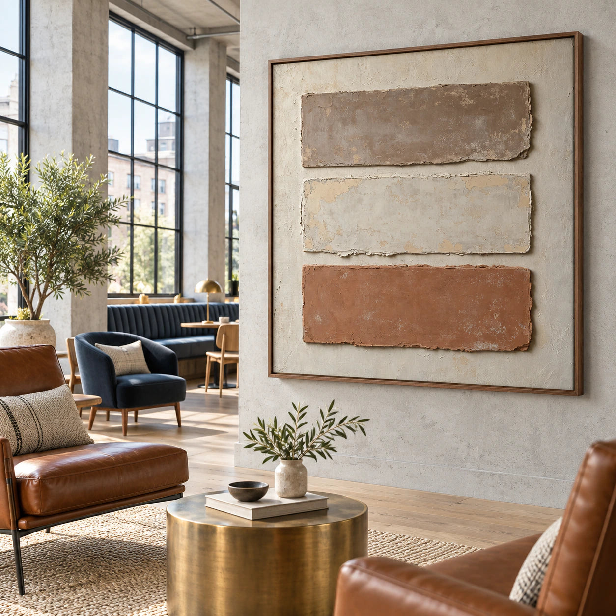 Earthen-Registers anchoring an expansive loft hospitality interior.