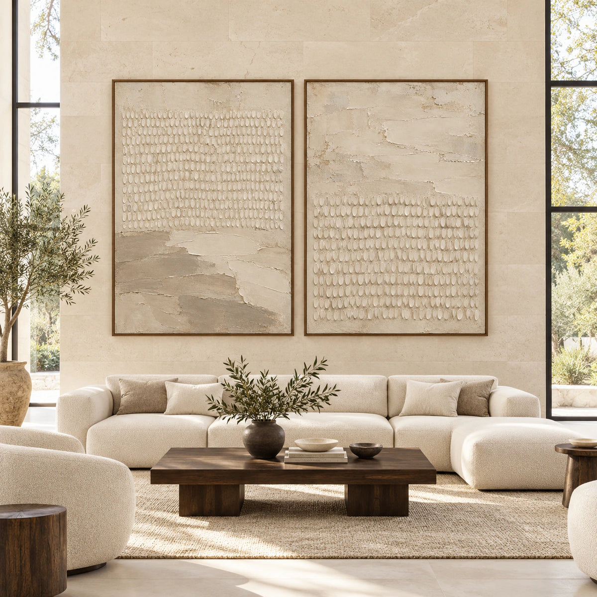 Earthen-Relay diptych displayed at large scale on a bright architectural living-room wall.