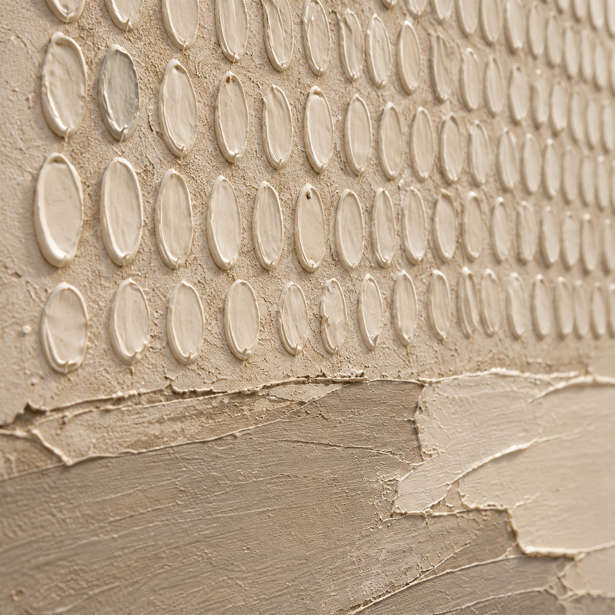 Earthen-Relay oil painting brushwork and impasto detail photographed from an oblique side angle