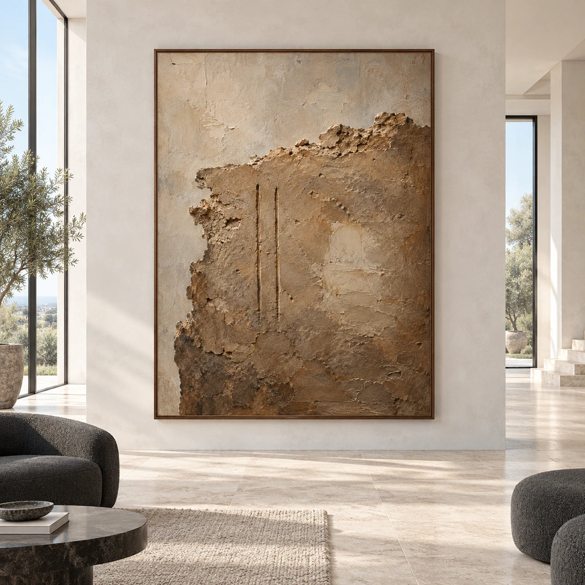 Earthen-Relic displayed at large scale straight-on in an open architectural living space.
