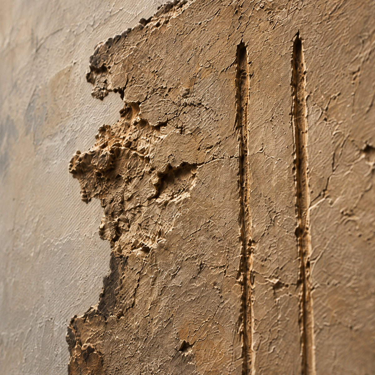 Earthen-Relic oil painting brushwork and impasto detail photographed from an oblique side angle
