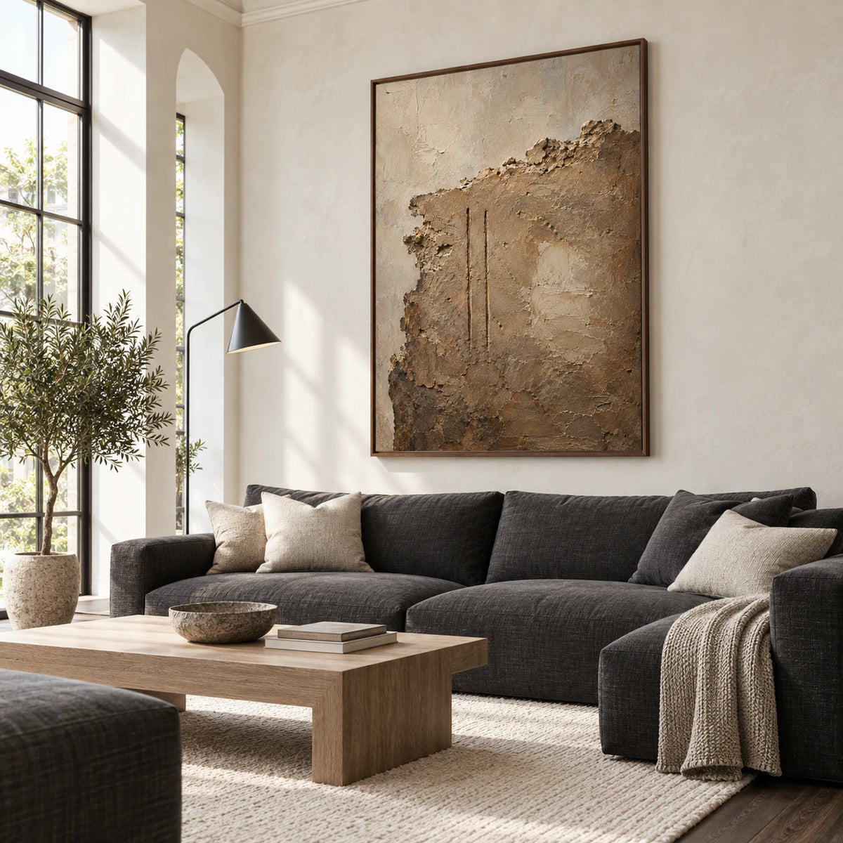 Earthen-Relic as a large focal artwork in a bright contemporary living room.