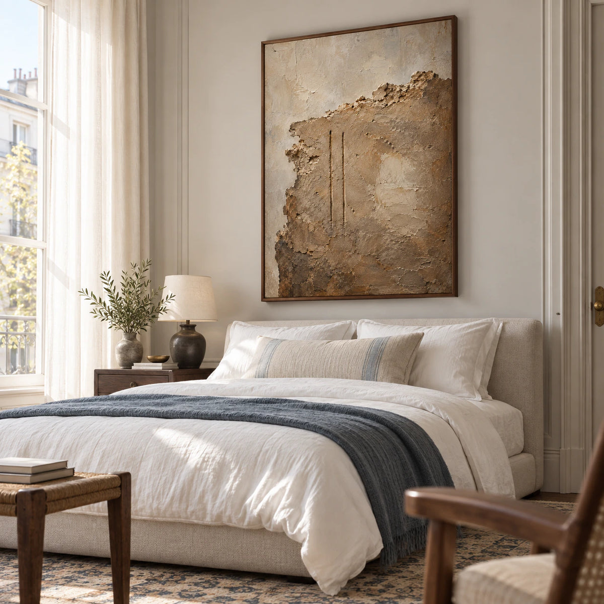 Earthen-Relic as a large textured focal point in a quiet light-filled bedroom.