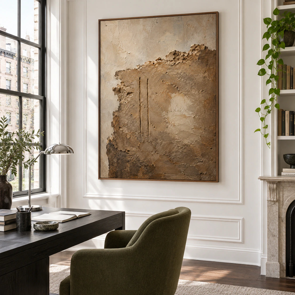 Earthen-Relic displayed prominently in an airy home office reading space.