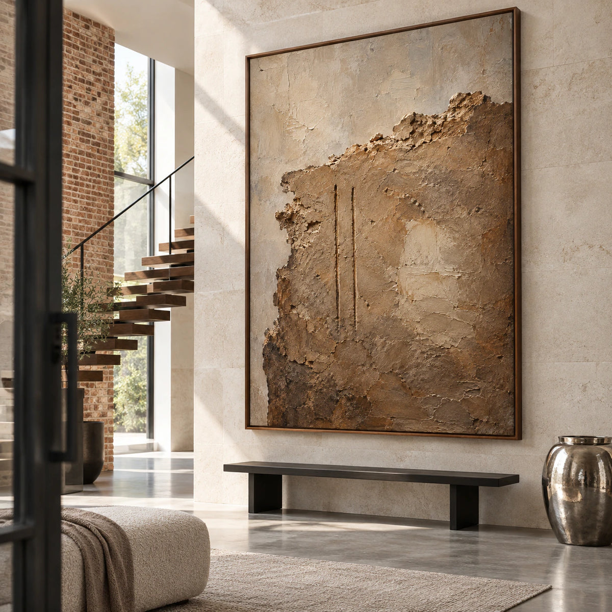 Earthen-Relic presented at gallery scale in a bright sculptural foyer.