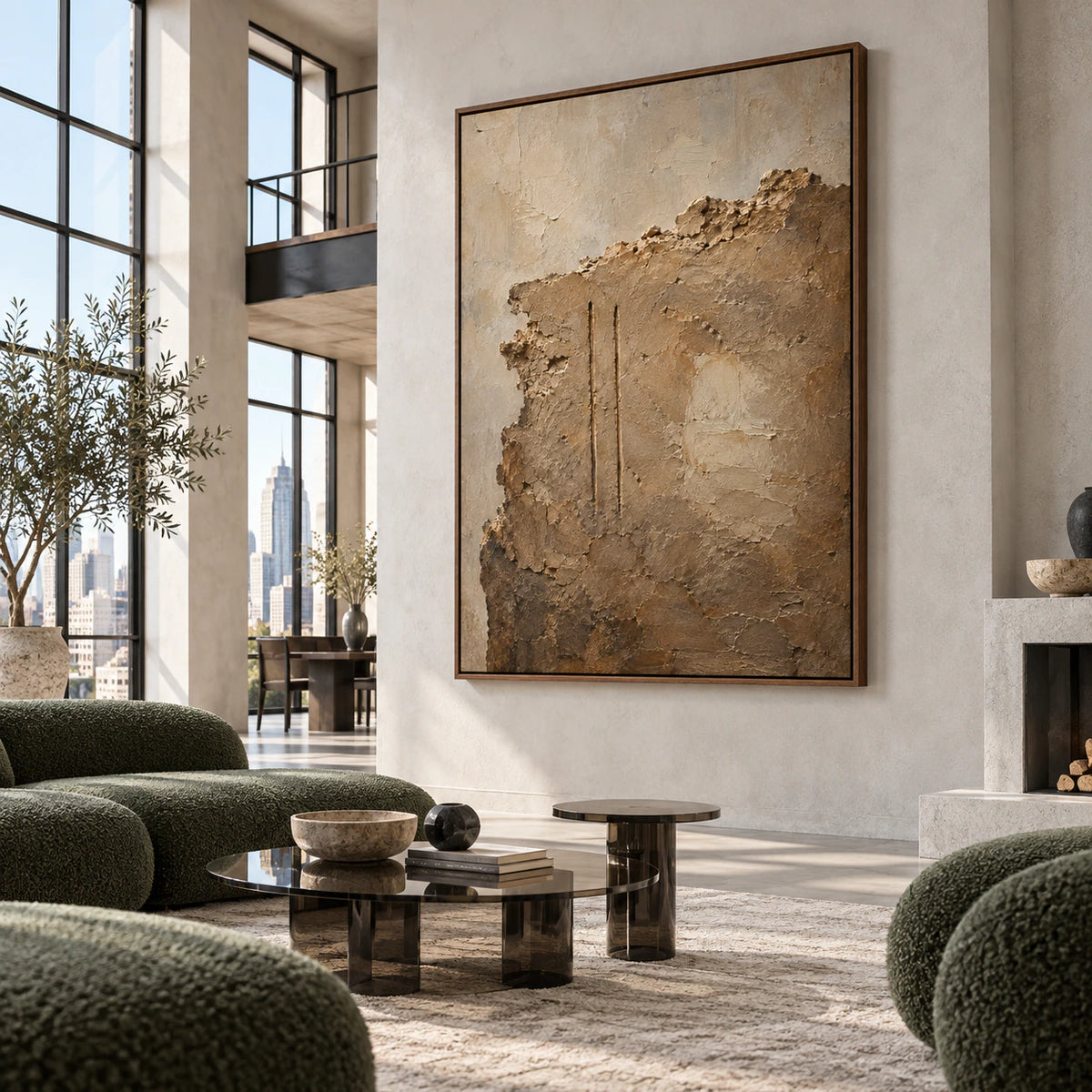 Earthen-Relic as a large focal artwork in an expansive daylight-filled loft interior.
