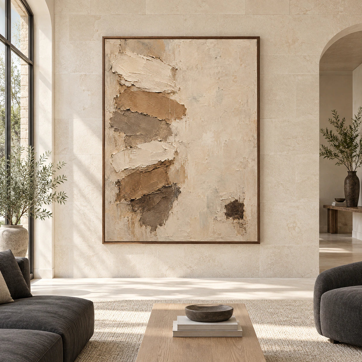 Large straight-on gallery interior with Earthen-Relief displayed as a monumental vertical abstract artwork.