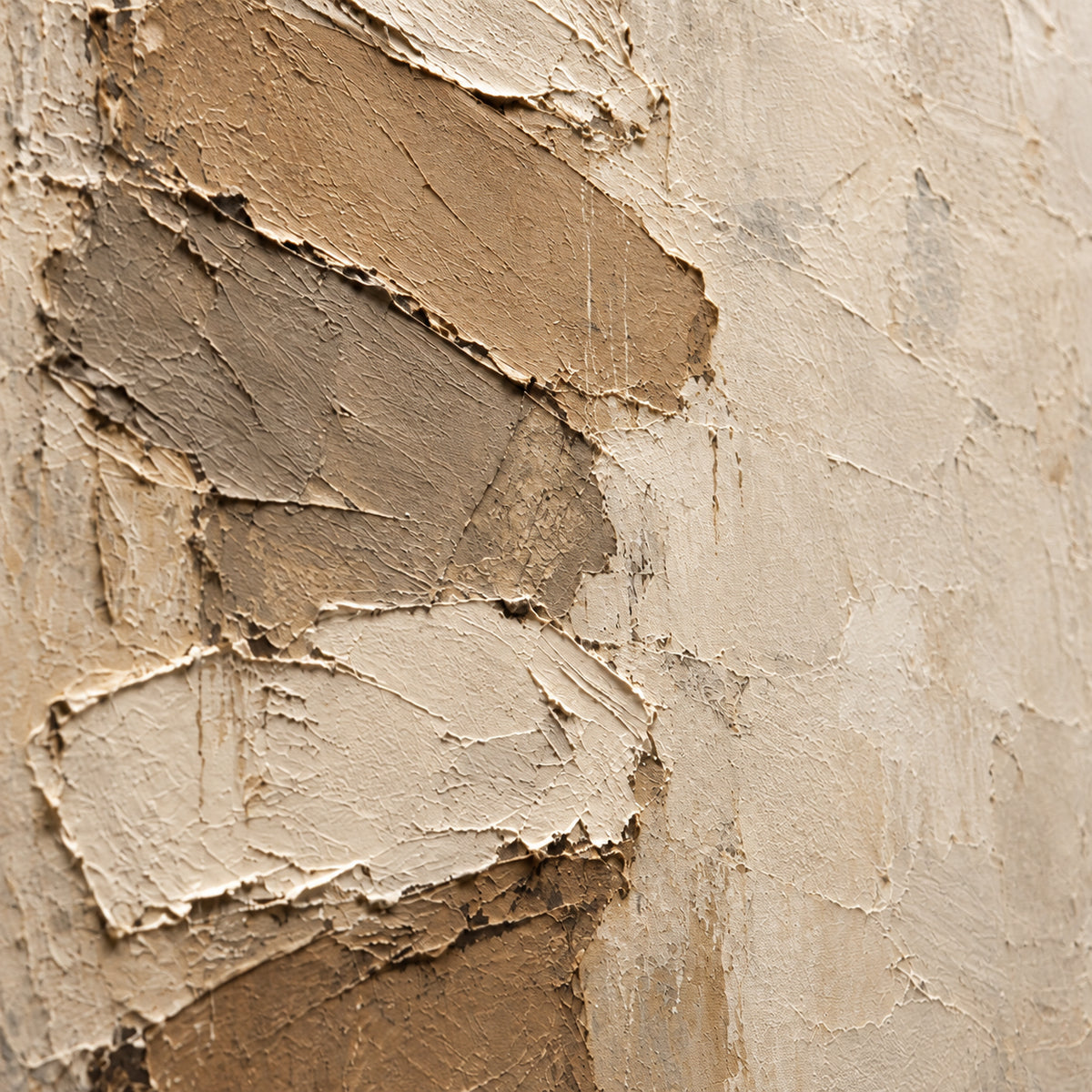 Earthen-Relief oil painting brushwork and impasto detail photographed from an oblique side angle