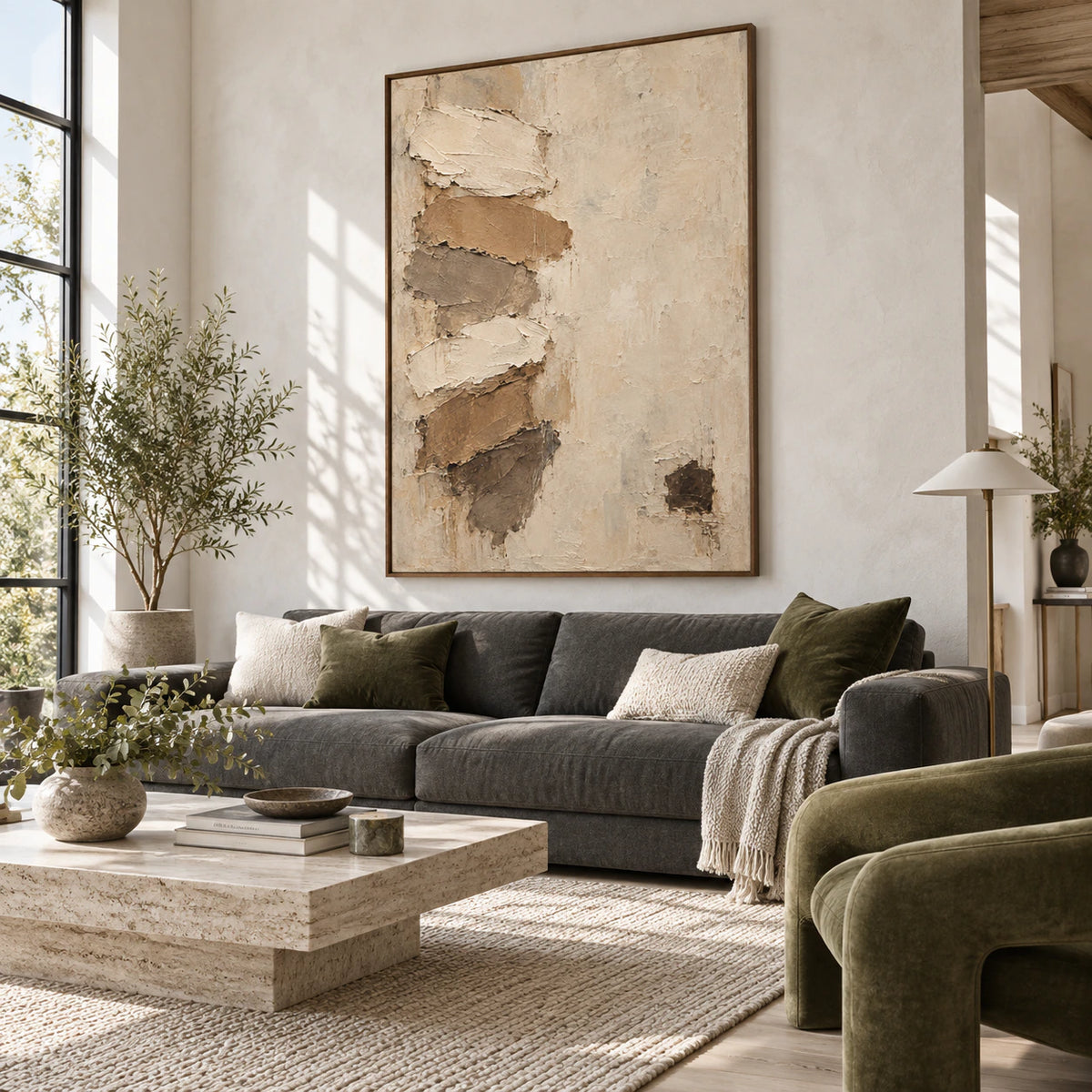 Bright living room featuring Earthen-Relief as a large vertical textured abstract focal point.