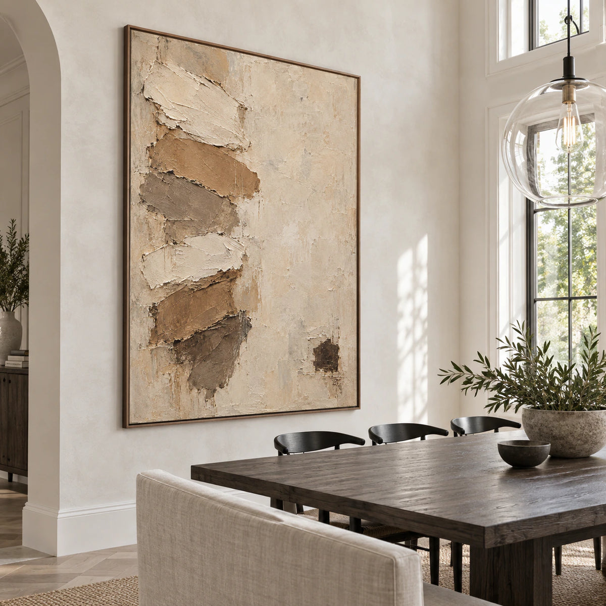 Refined dining room with Earthen-Relief displayed prominently above a sculptural dining setting.