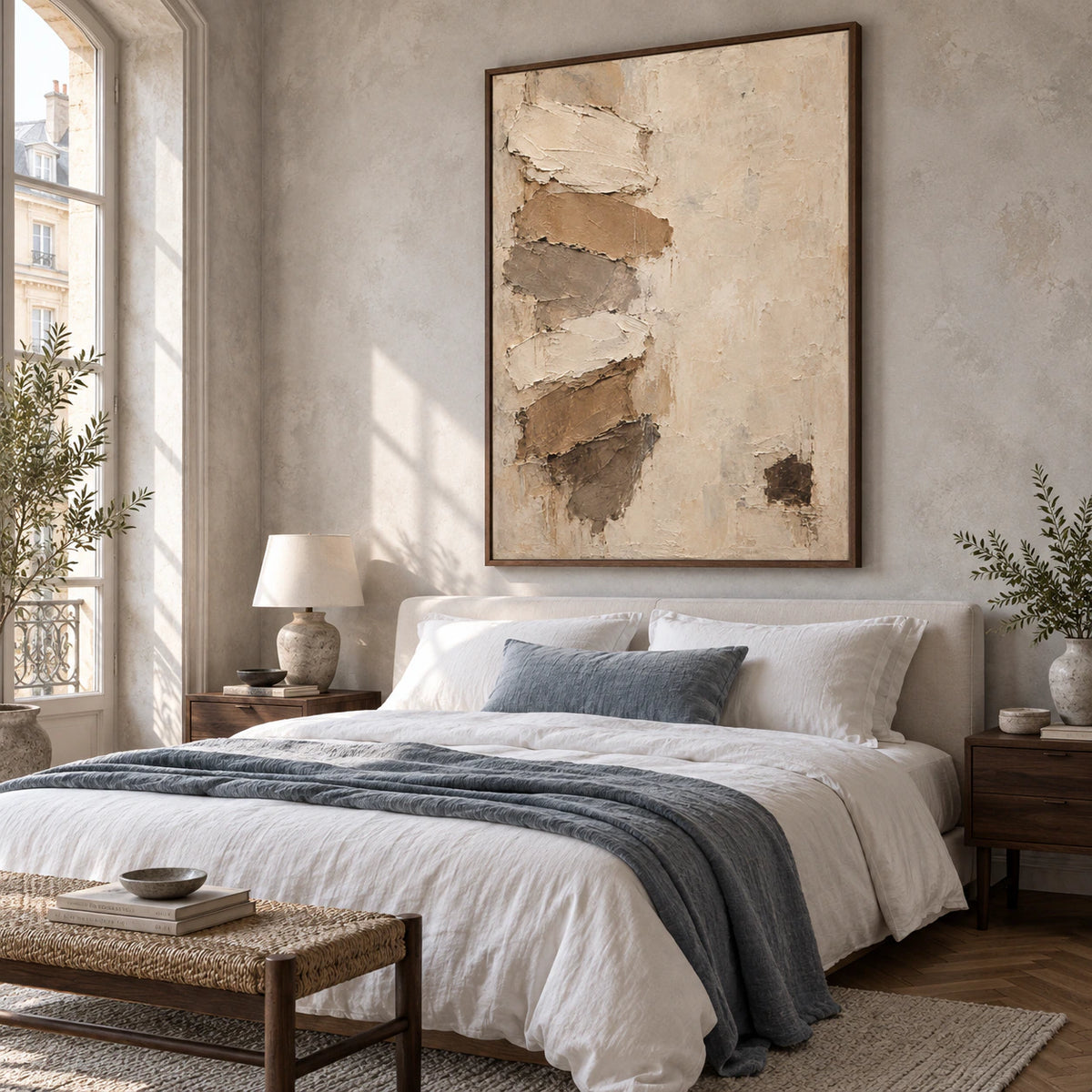 Quiet bedroom with Earthen-Relief as a large tactile vertical artwork above a low bed.