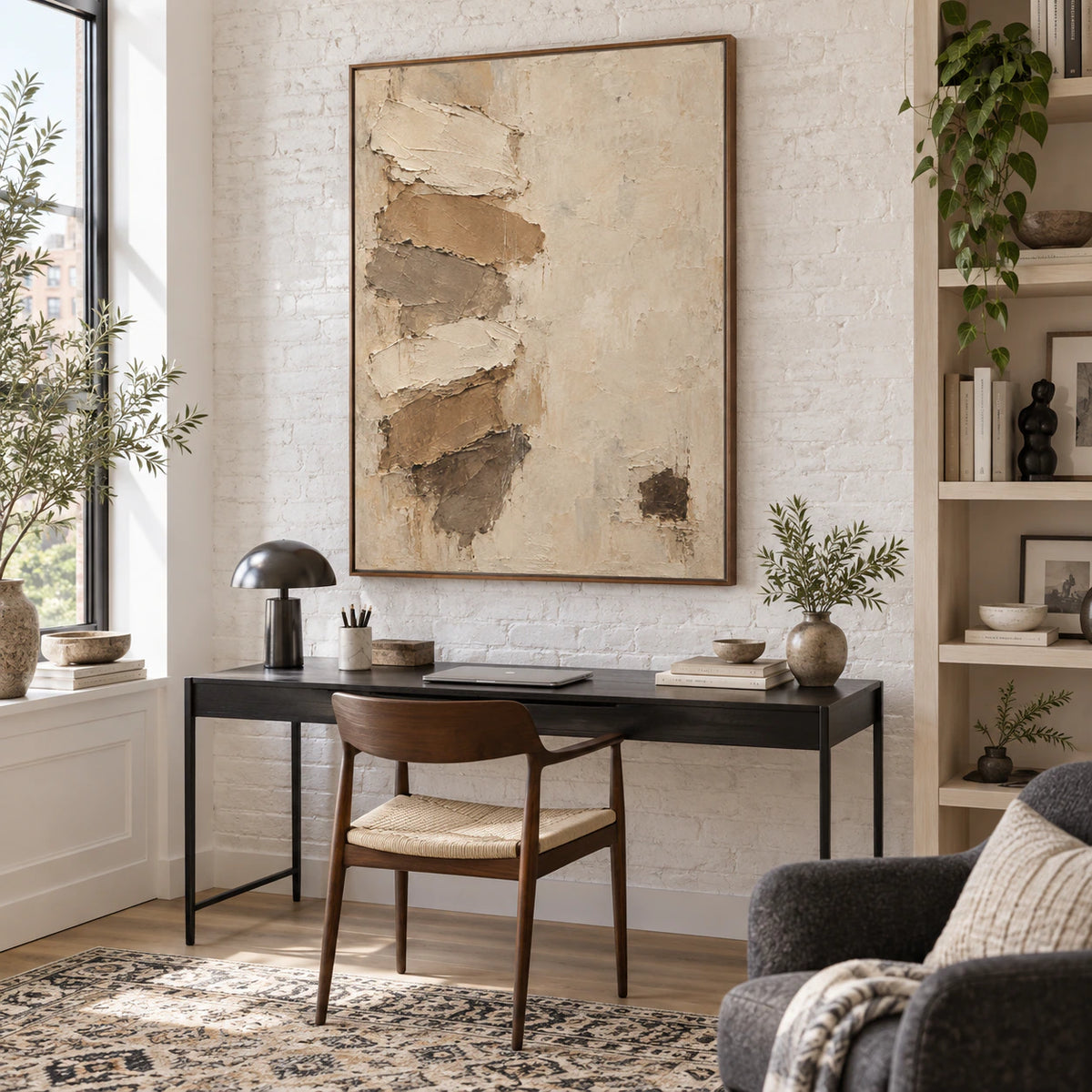 Airy reading office featuring Earthen-Relief as the central large-scale wall artwork.