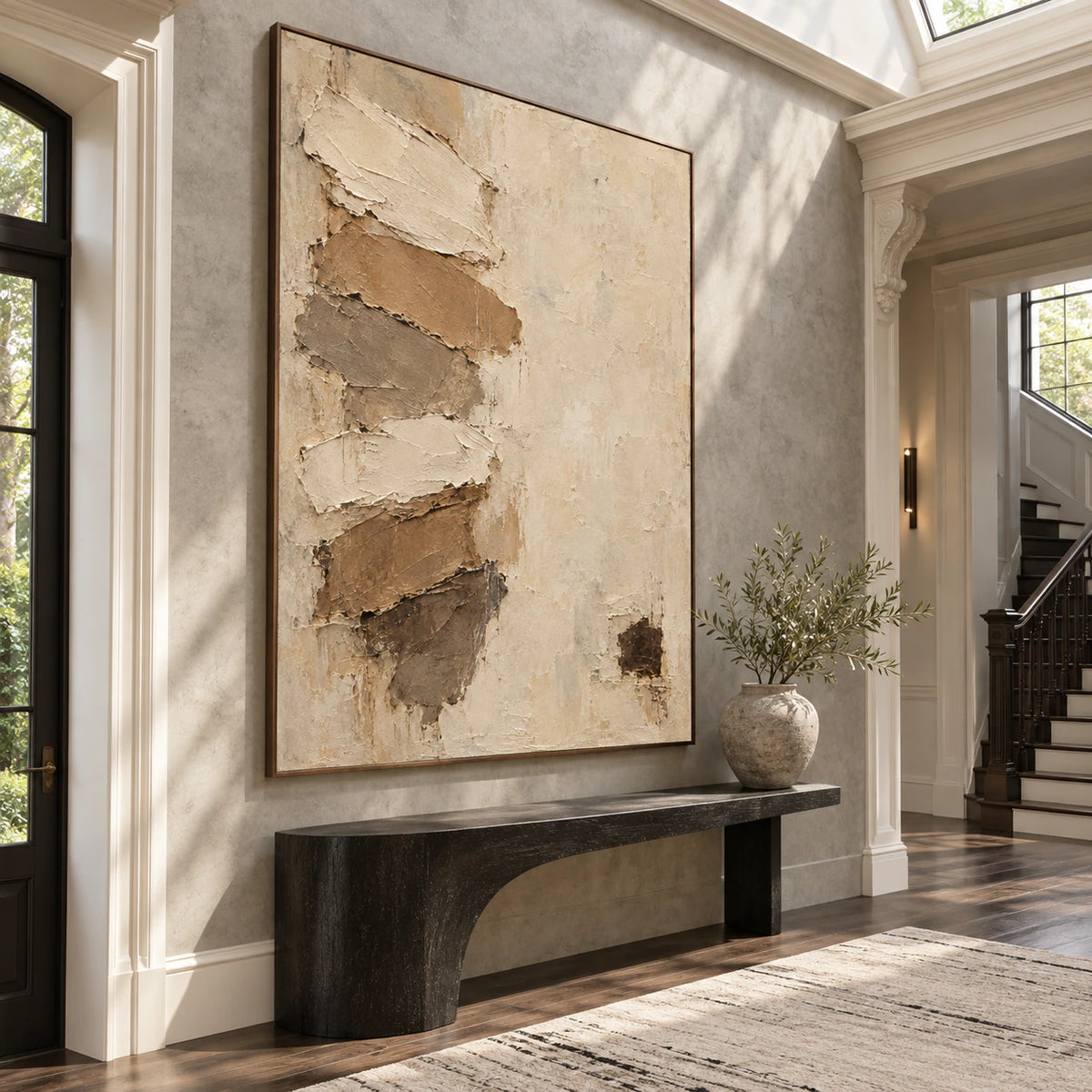 Gallery-scale foyer with Earthen-Relief presented as a prominent vertical textured abstract.
